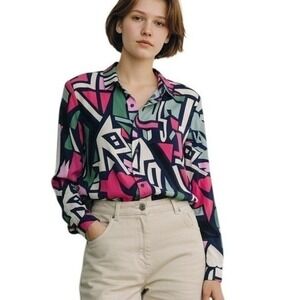 Big Dart Womens Geometric Abstract Print‎ Button Down Shirt Pink Green Navy 14